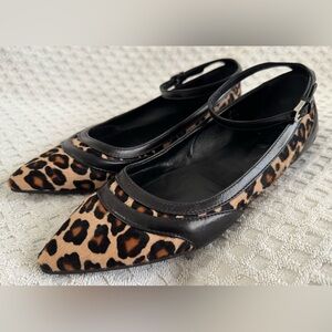 Tods Leopard Print Calf Hair Black Leather Pointed Toe Flats Ankle Strap 39 US 9